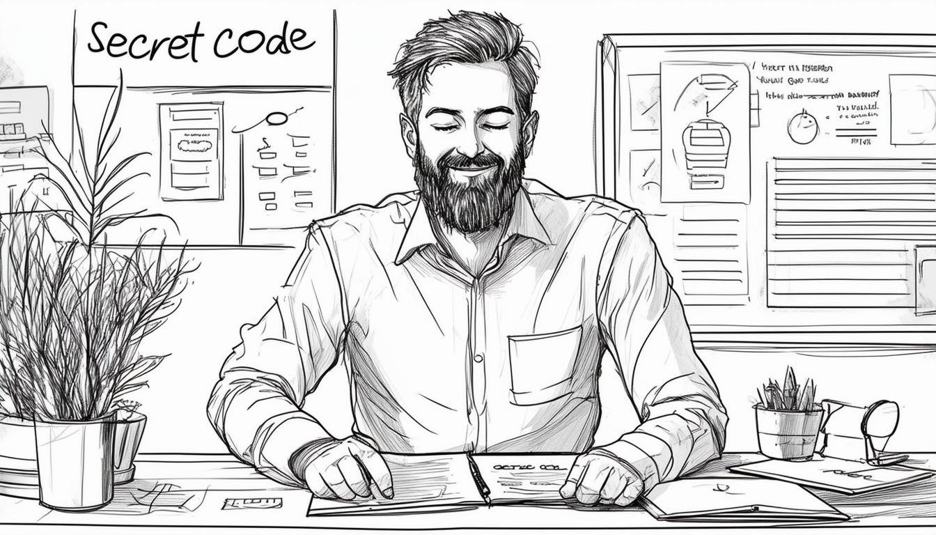 MAKE A GRAPHIC DRAWING OF THE SALES COURSE SECRET CODE but a drawing of a man with closed eyes and a smile, and with a beard, in an office at a tabl